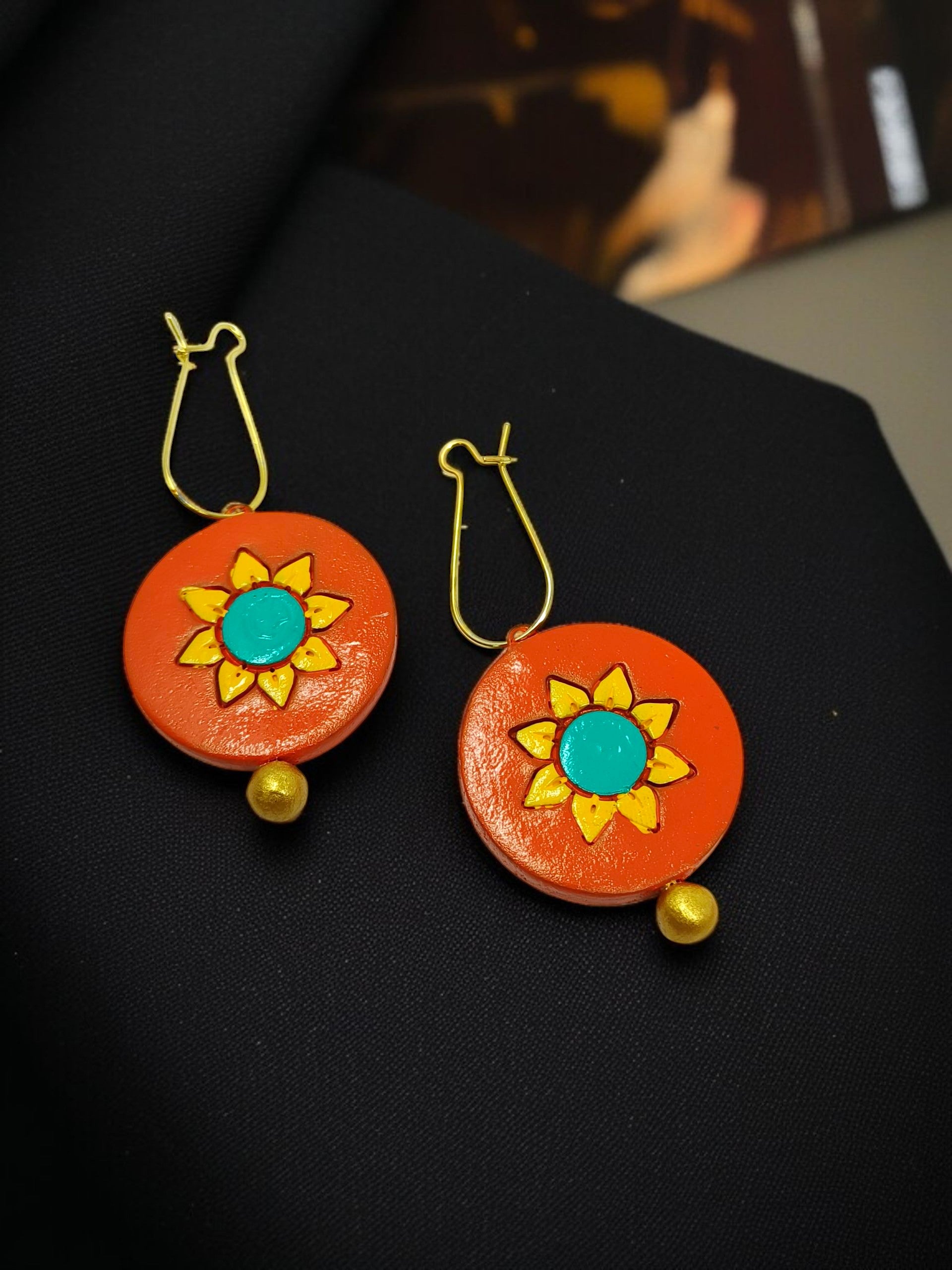 Indian Ethnic Pendent Necklace Set for Women featuring vibrant orange round earrings with turquoise and golden floral design