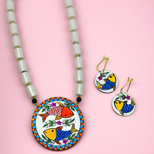 Marrtika Hand Painted Mast Machli Tie Up Necklace Set with colorful fish design on pink background