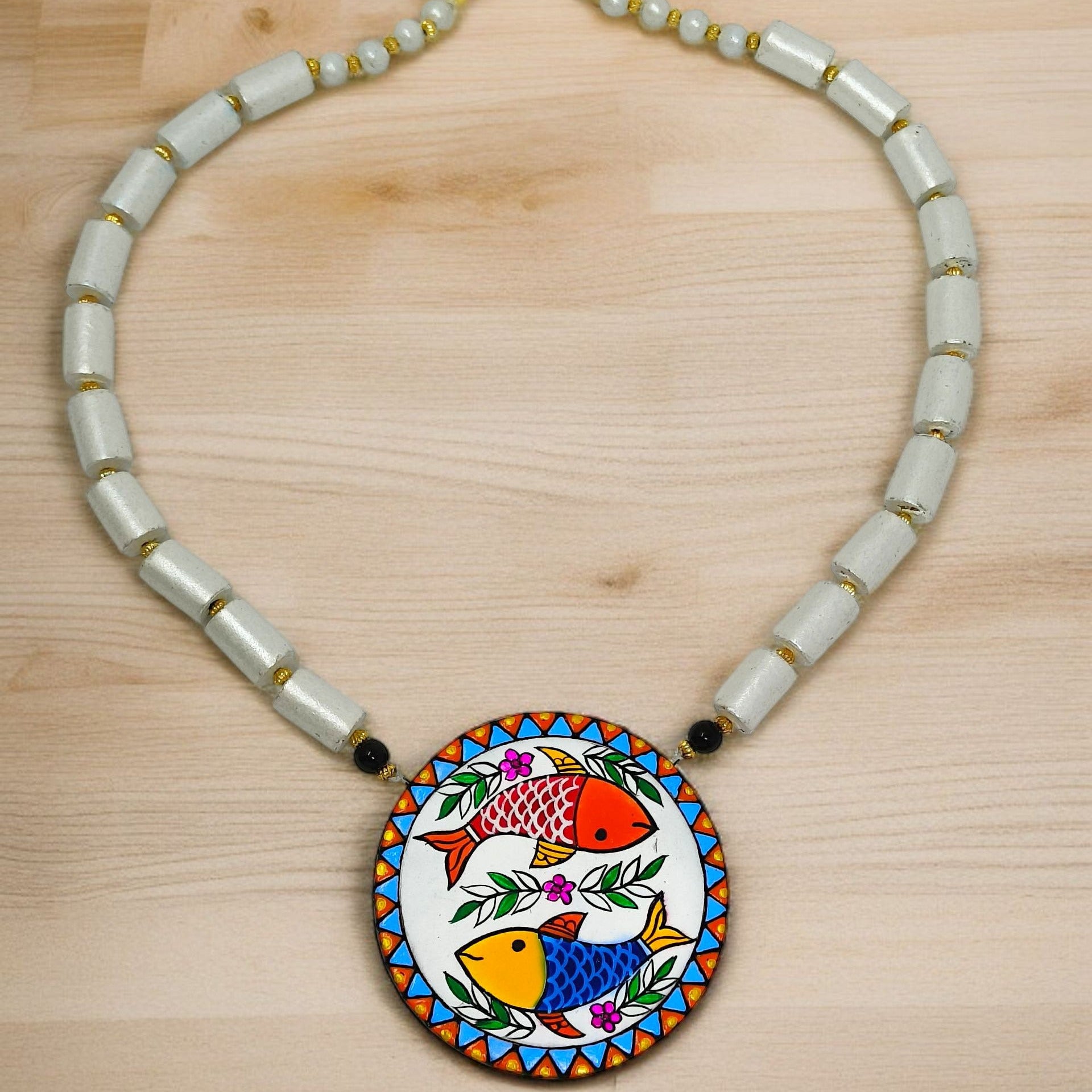 Marrtika Hand Painted Mast Machli Tie Up Necklace Set with Earring featuring colorful fish design on pendant