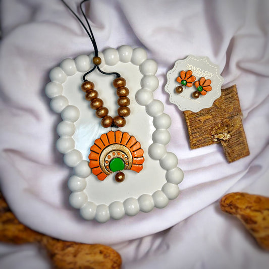 ASTRIA JEWELLERY modern boho jewelry India orange and green pendant necklace with matching earrings  
