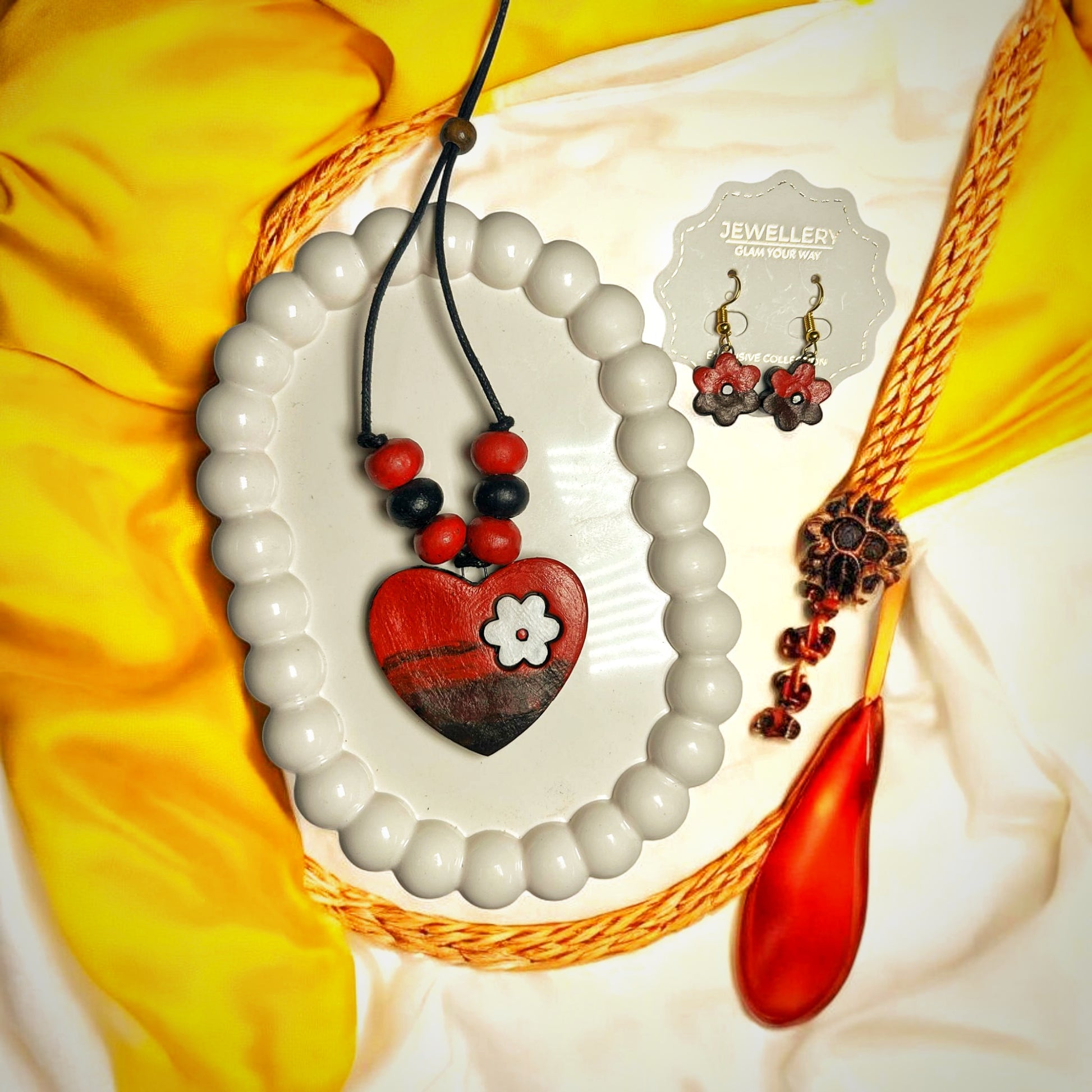 Mrritika Handmade Jewelry Set Rustic Art Necklace with Earring featuring heart pendant and floral design