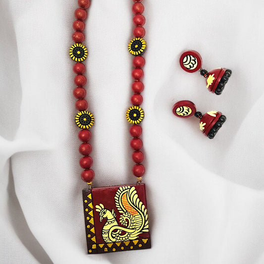 Painted Handmade Necklace Set I Peacock Necklace with Earring featuring red beads and hand-painted peacock design
