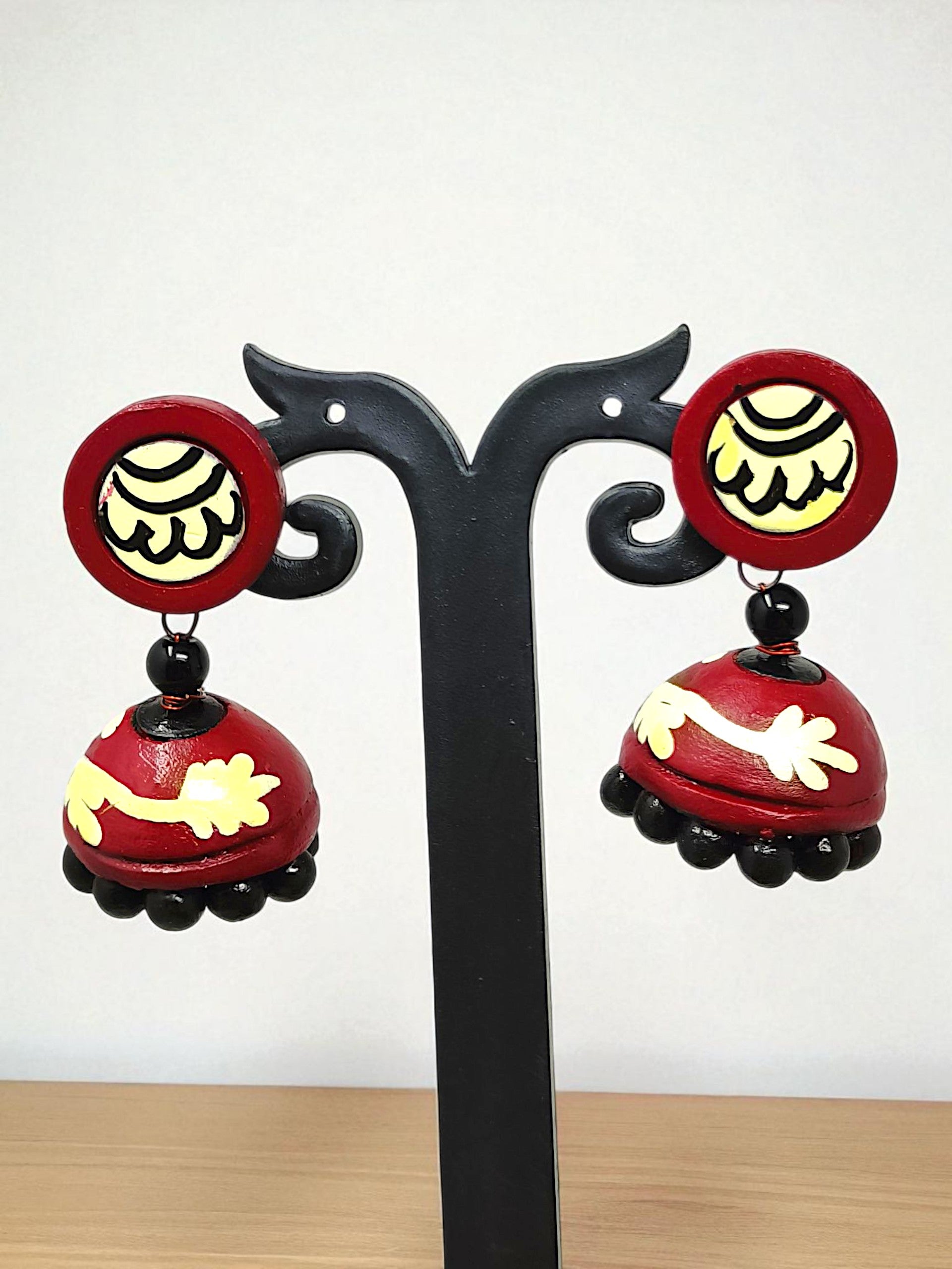 Painted Handmade Necklace Set I Peacock Necklace with Earring featuring red and black hand-painted jhumka earrings