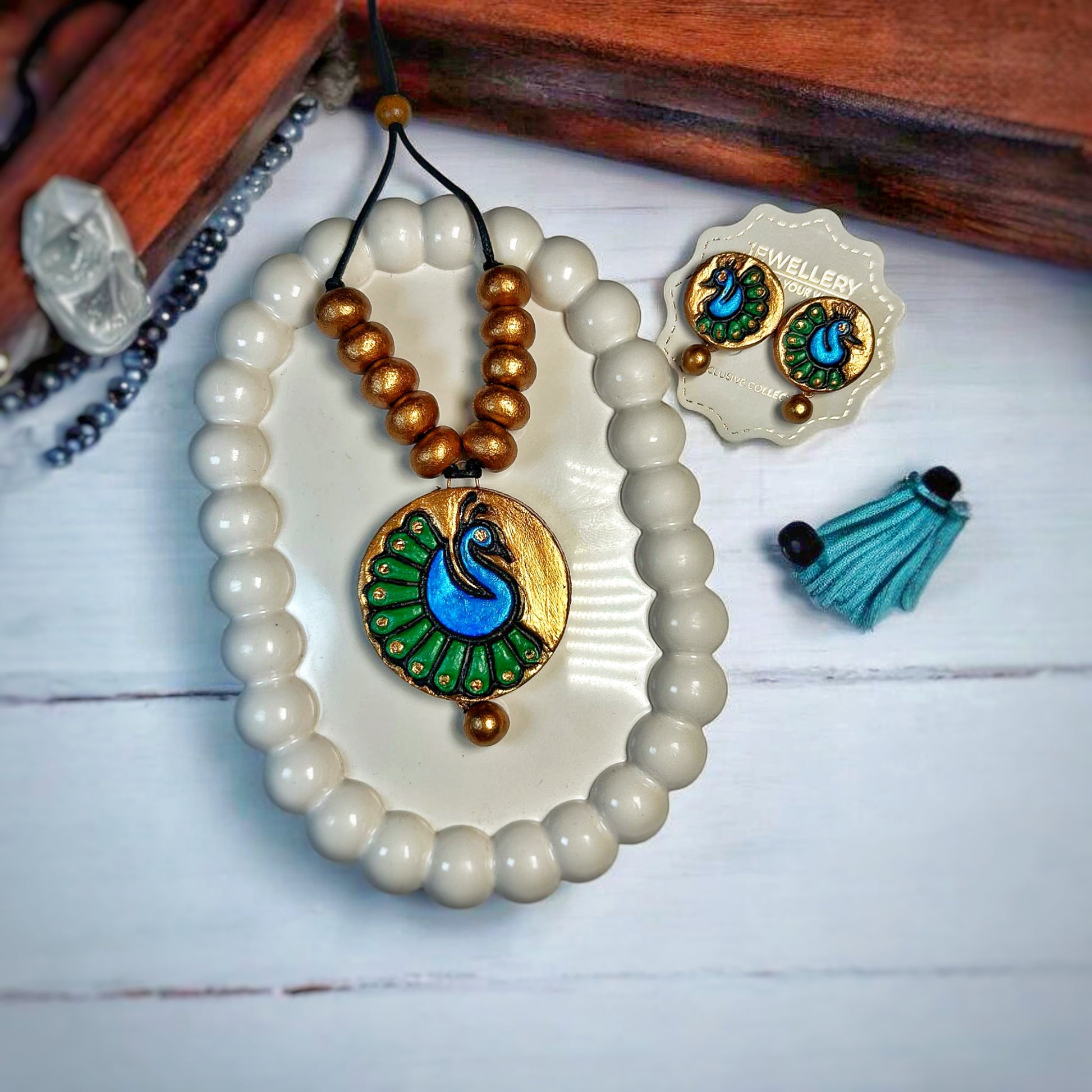 Royal Peacock Charm Necklace Handmade Jewellery and Blue beads