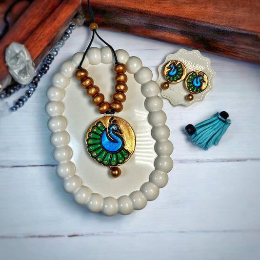Royal Peacock Charm Necklace Handmade Jewellery and Blue beads