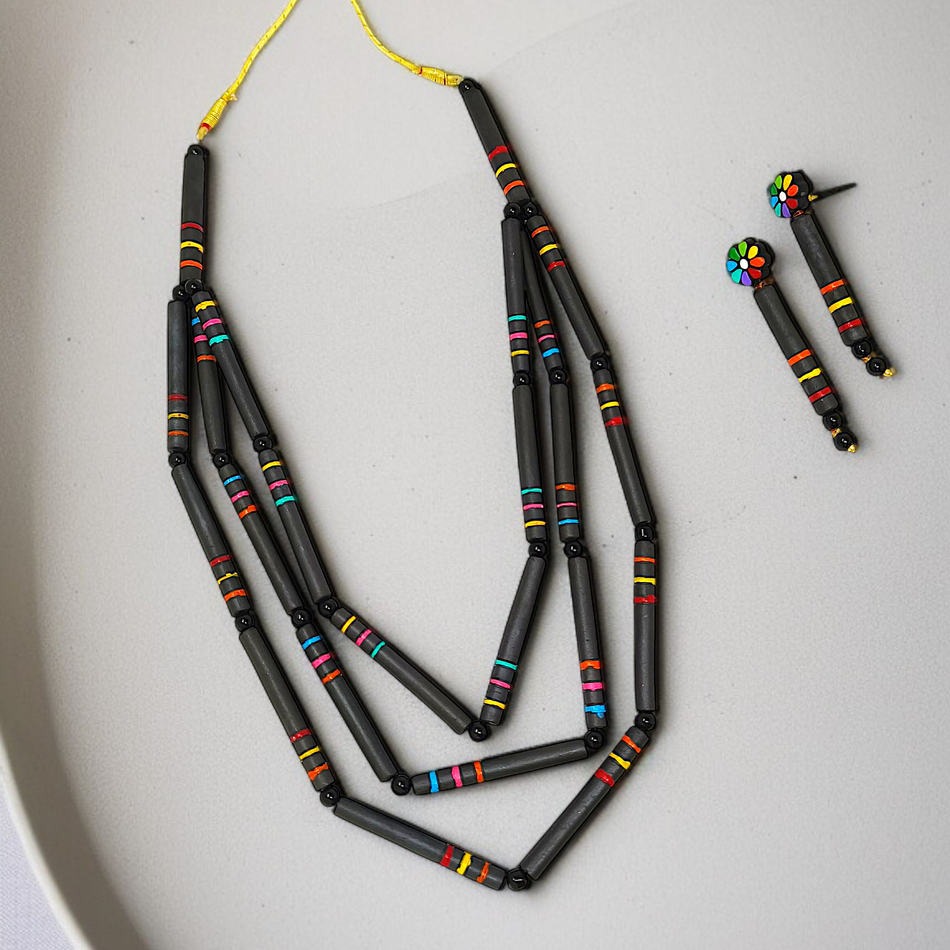 Terracotta Beaded Necklace with Earrings for Women I Black Handmade Necklace with multicolor accents by ASTRIA JEWELLERY