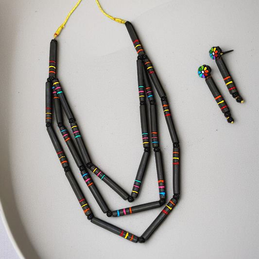 Terracotta Beaded Necklace with Earrings for Women I Black Handmade Necklace with multicolor accents by ASTRIA JEWELLERY