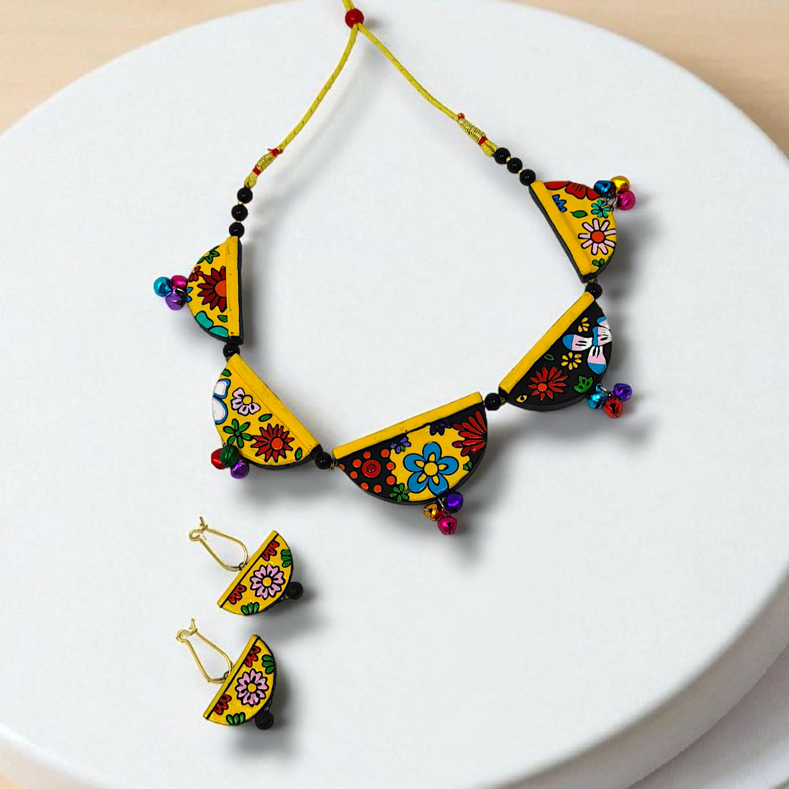 Terracotta Geometry Jewelry Set Statement Necklace with Earring featuring colorful floral designs and decorative beads
