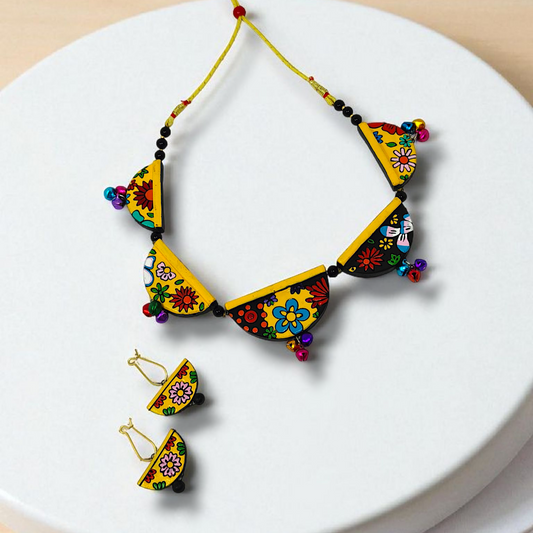 Terracotta Geometry Jewelry Set Statement Necklace with Earring featuring colorful floral designs and decorative beads