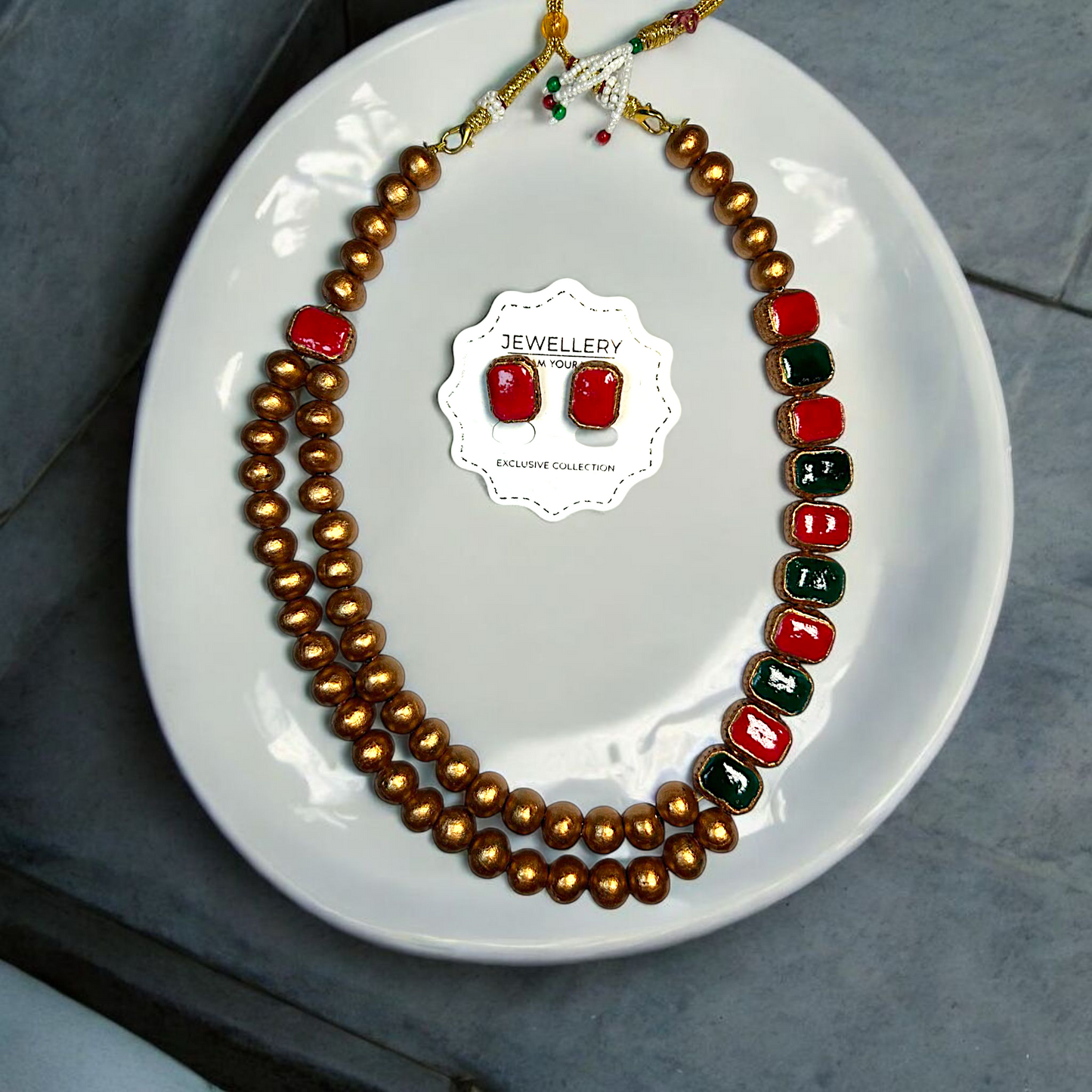 Terracotta Royal Pattern Necklace and Earring Handmade Jewelry Set by Mrritika with red green beads and gold finish