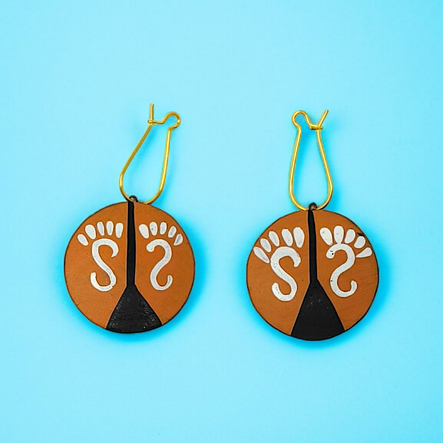 Terracotta Traditional Clay Owl Good Luck Charm Necklace Set with round pendant and gold hooks on blue background