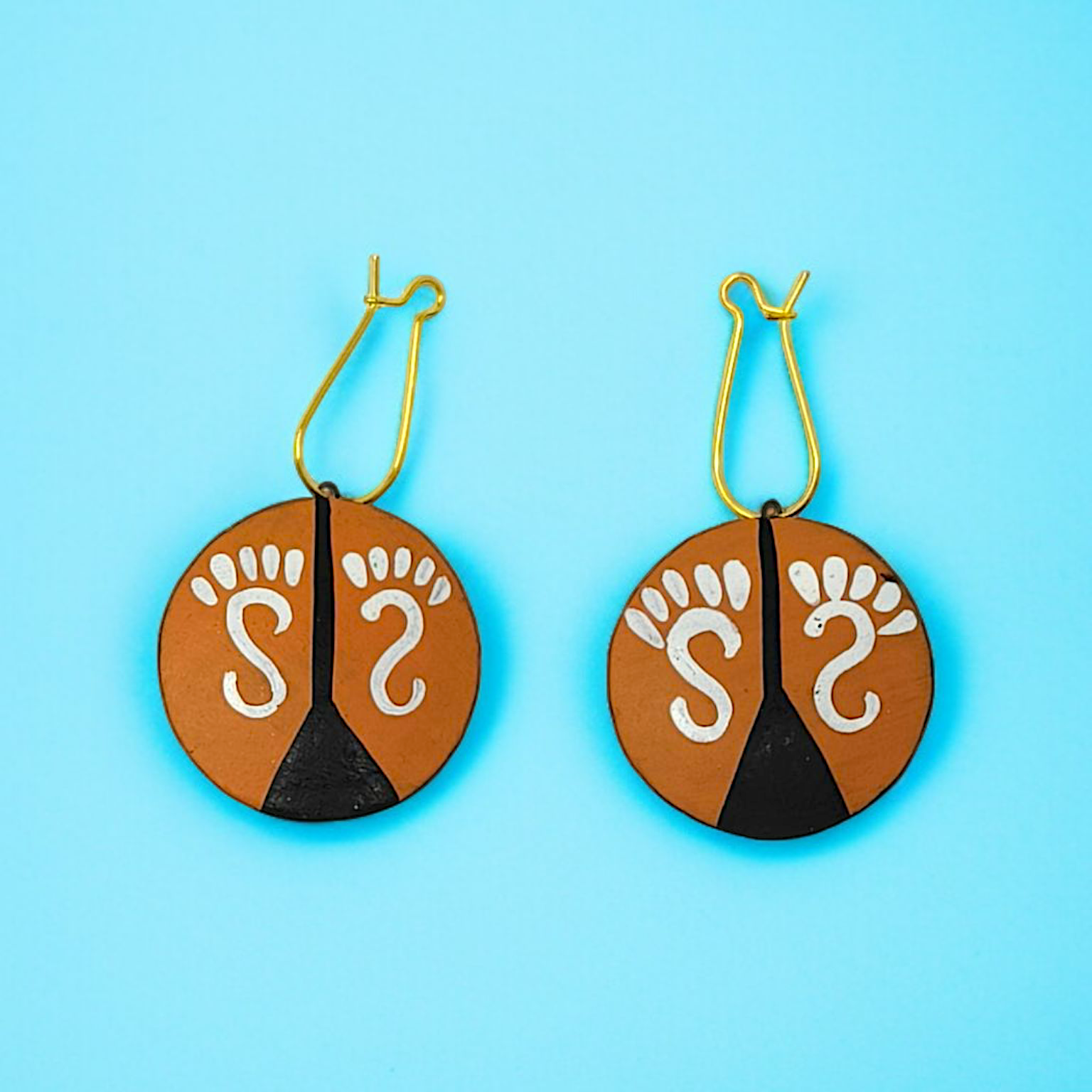 Terracotta Traditional Clay Owl Good Luck Charm Necklace Set with round pendant and gold hooks on blue background