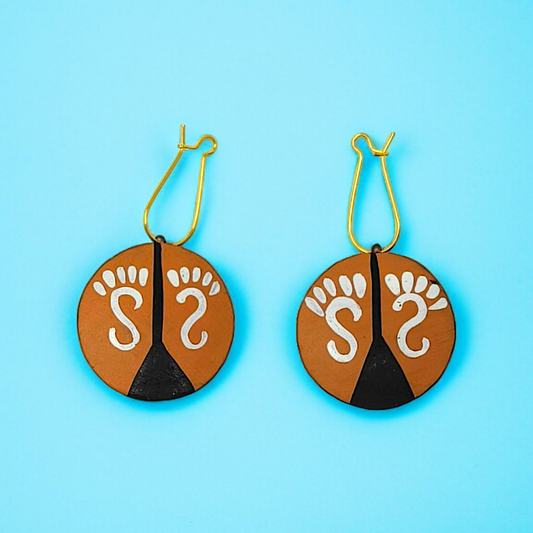 Terracotta Traditional Clay Owl Good Luck Charm Necklace Set with round pendant and gold hooks on blue background