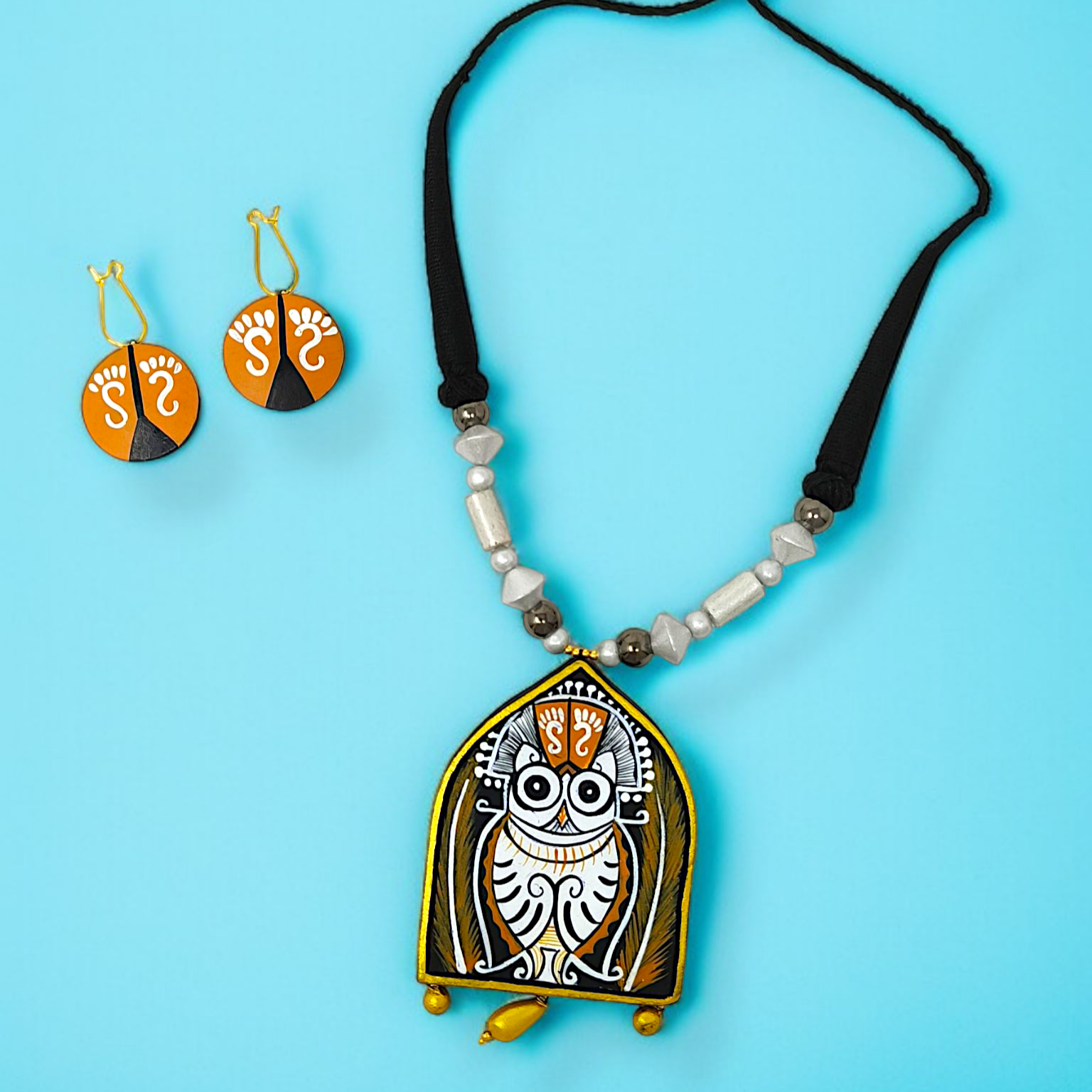 Mrritika Terracotta Traditional Clay Owl Good Luck Charm Necklace Set with painted owl pendant and matching earrings