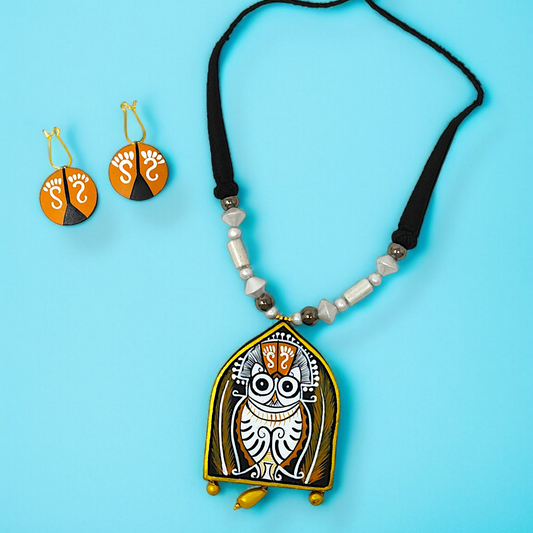 Mrritika Terracotta Traditional Clay Owl Good Luck Charm Necklace Set with painted owl pendant and matching earrings