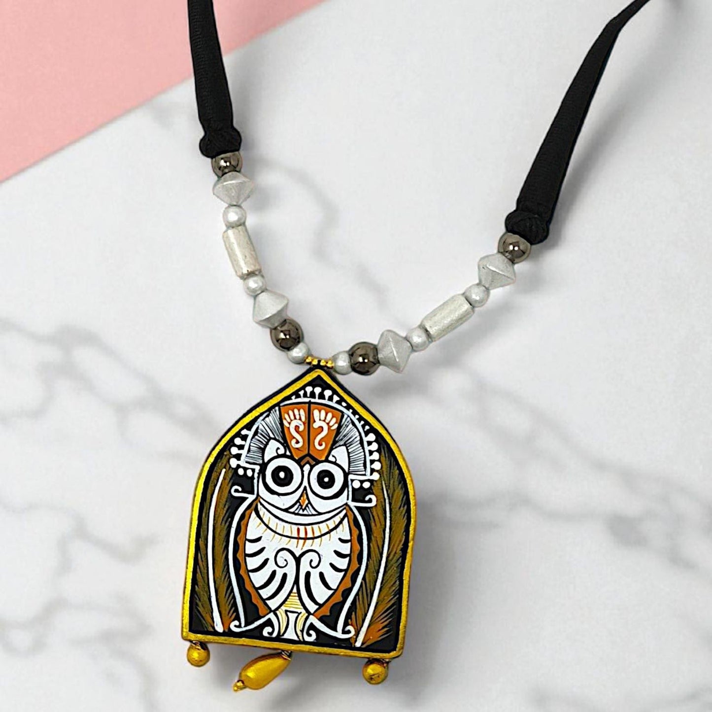 Terracotta Traditional Clay Owl Good Luck Charm Necklace Set with painted owl pendant and black beaded string