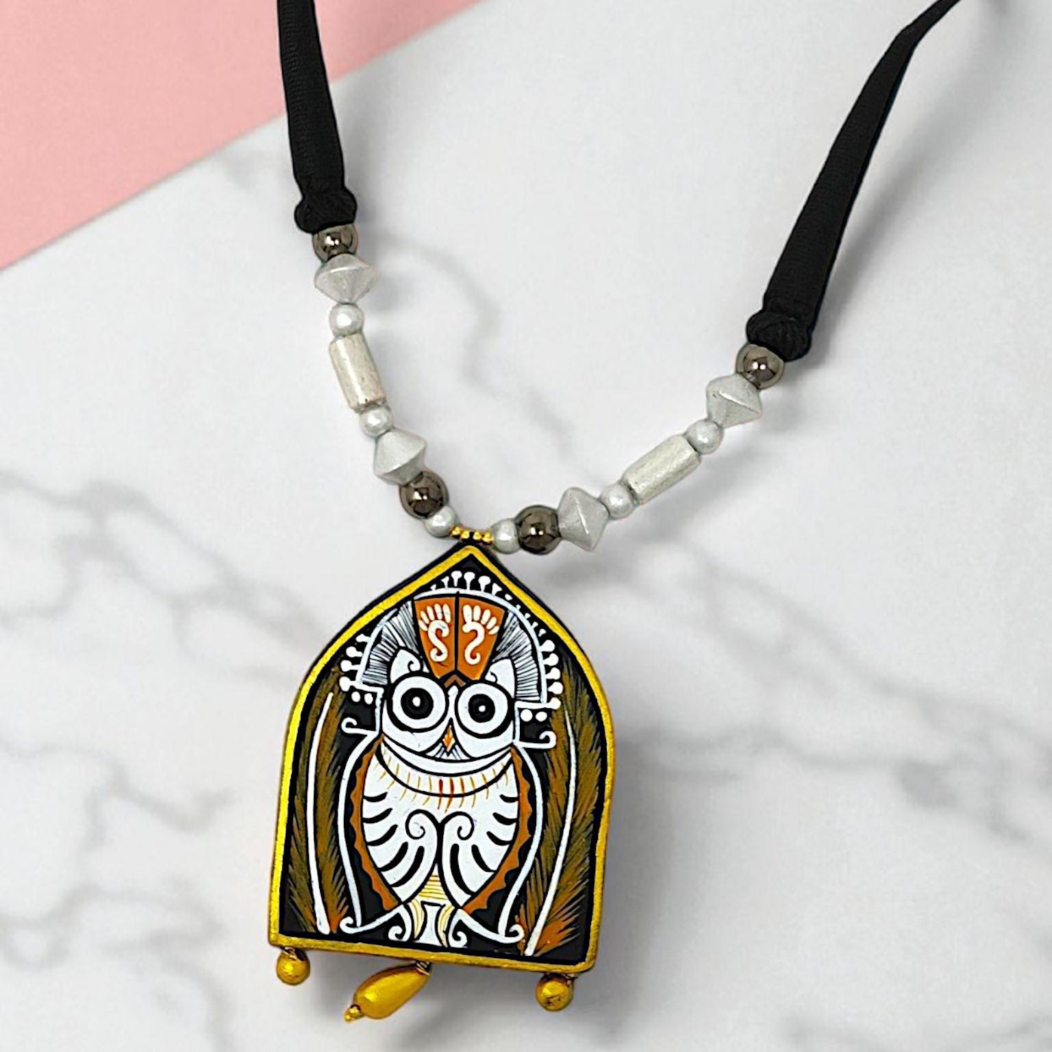 Terracotta Traditional Clay Owl Good Luck Charm Necklace Set with painted owl pendant and black beaded string
