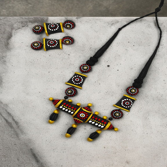 Tribal Hand Pained Ethnic Necklace Set I Handmade Pendent Earring with black red white and yellow design