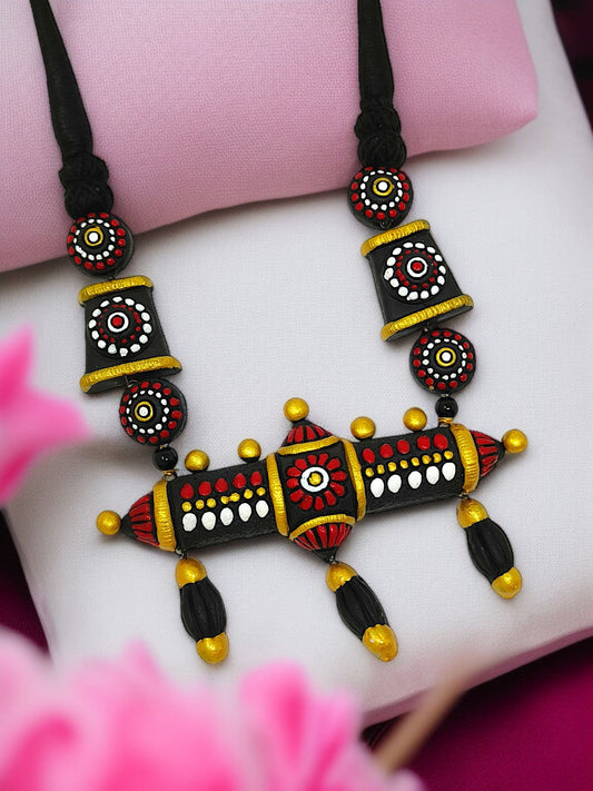 Tribal Hand Pained Ethnic Necklace Set I Handmade Pendent Earring in black red and white with gold accents