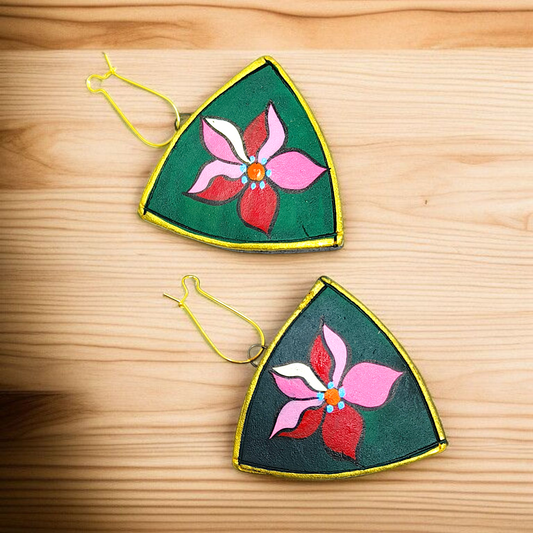 Tribal Terracotta Clay Flower Motif Necklace with Earrings featuring green triangular design and pink flower details