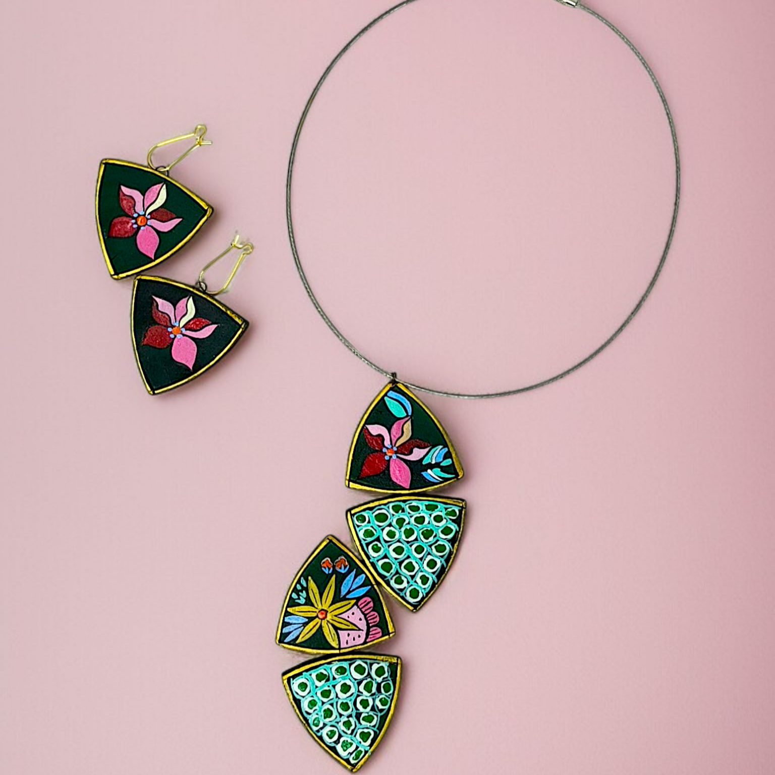 Tribal Terracotta Clay Flower Motif Necklace with Earrings featuring colorful floral design on black background