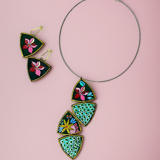 Tribal Terracotta Clay Flower Motif Necklace with Earrings featuring colorful floral design on black background