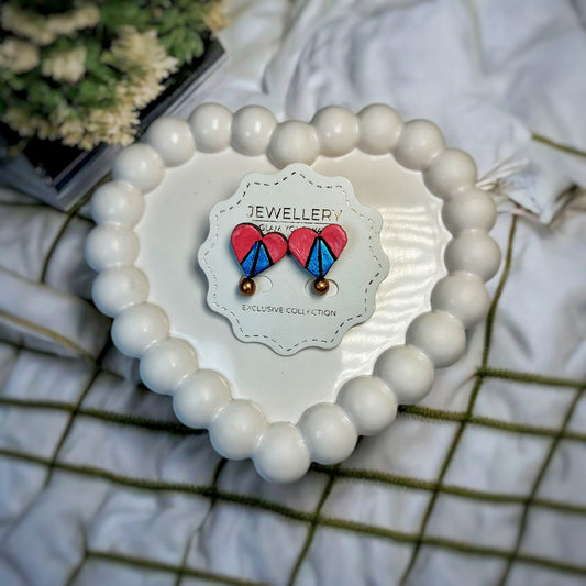 Unique Handcrafted Ear Studs Pink Blue with geometric heart design on white display card