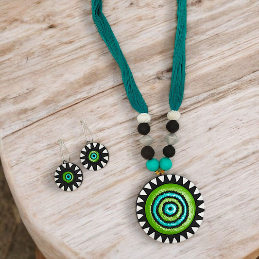 Unison Green Sun Terracotta Pendant with Earring featuring vibrant green sun design on necklace and matching earrings