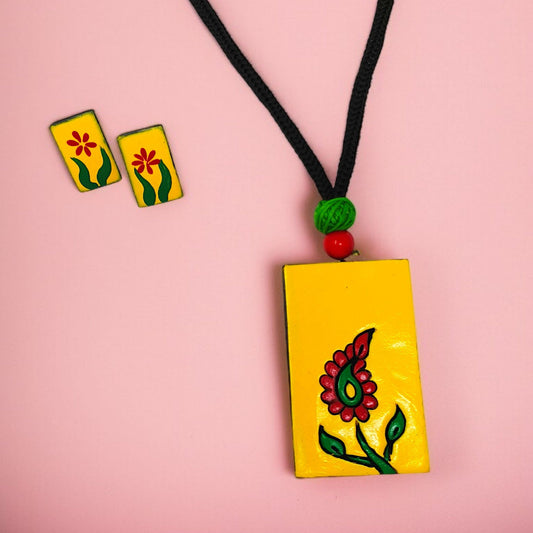 Mrritika yellow floral hand-painted pendant necklace and matching earrings set
